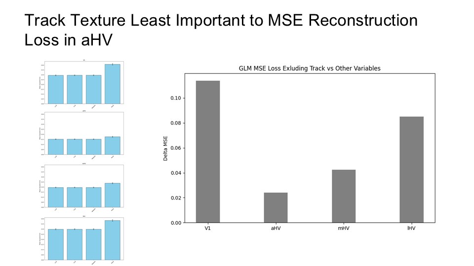 GLM MSE Loss Excluding Track vs Other Variables. V1 shows the largest delta MSE (~0.12) when track texture is removed; aHV shows the smallest (~0.025), confirming track texture contributes least to aHV's reconstruction.