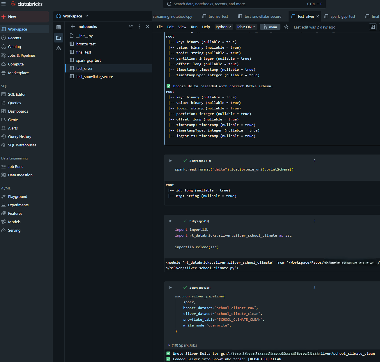 Databricks Silver pipeline test showing successful Bronze Delta reseeding and Silver pipeline run — Bronze schema validation, silver_school_climate module reload, and successful write to GCS Silver and Snowflake