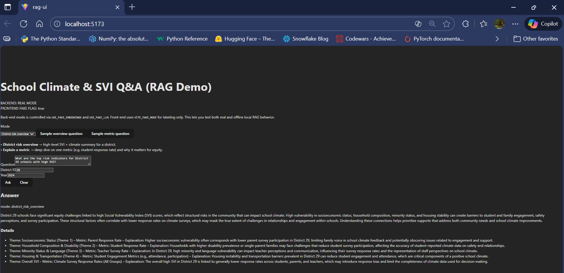 RAG service UI running locally showing a district_risk_overview query for District 29, with an answer explaining SVI-linked equity challenges and a details section mapping each SVI theme to a specific climate metric