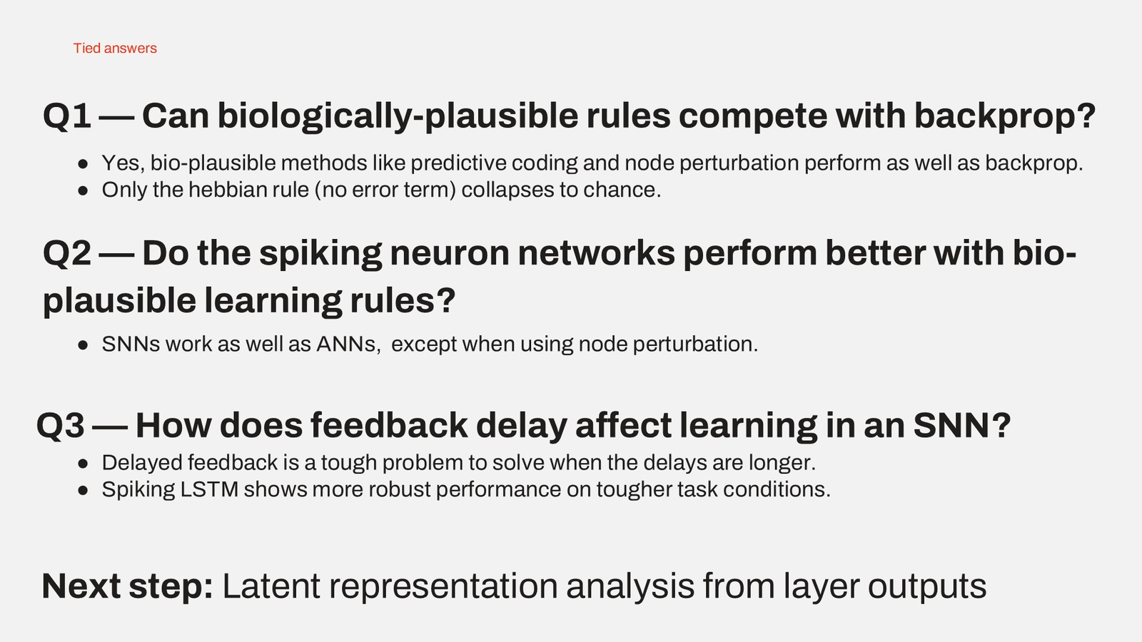 Tied answers — Q1: bio-plausible rules with an error signal match backprop.
Q2: SNNs work well except with NP. Q3: delayed feedback is solvable; Spiking LSTM
most robust.