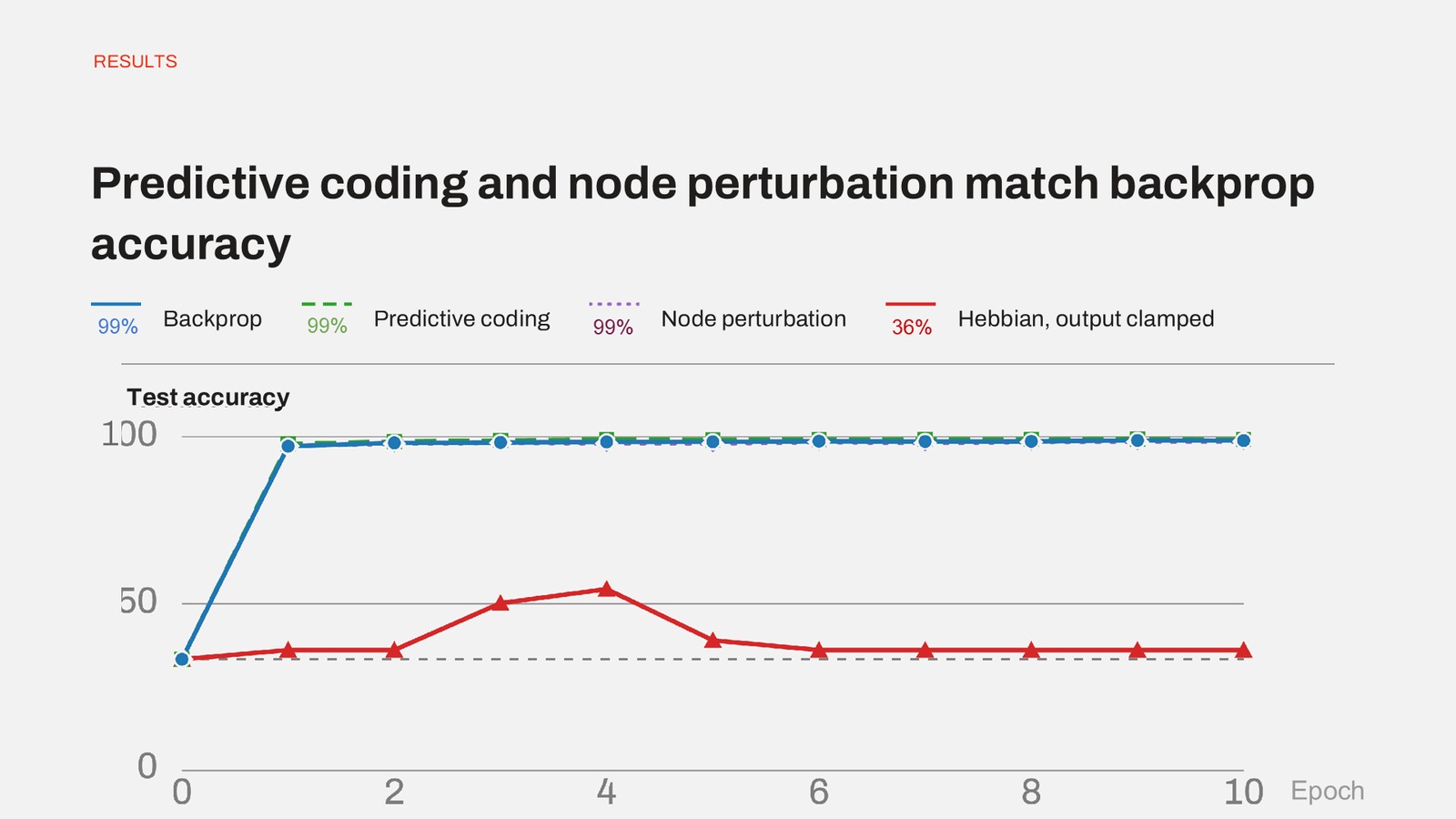 MNIST results — Backprop 99%, Predictive Coding 99%, Node Perturbation 99%,
Hebbian 36%. BP, PC and NP converge immediately; Hebbian oscillates near chance
throughout 10 epochs.