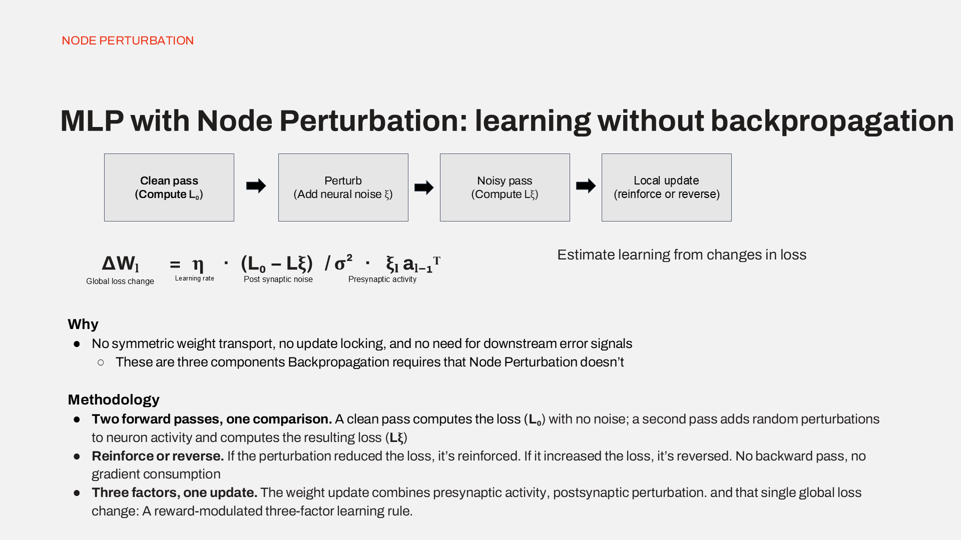 Node Perturbation — the four-step pipeline: Clean pass → Perturb → Noisy pass
→ Local update. Formula: ΔWₗ = η · (L₀ − Lξ) / σ² · ξₗ aₗ₋₁ᵀ