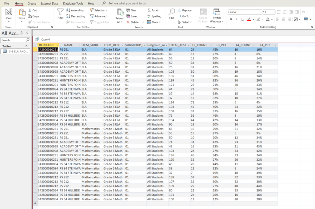 Query result of selecting certain columns of a table. Filtered by BEDSCODE, SUBGROUP_CODE, and organized in order using InStr()